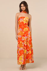 Captivating Spirit Orange Floral Strapless Dress and Scarf Set