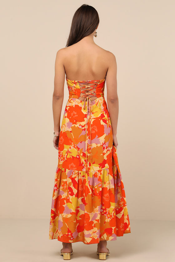 Captivating Spirit Orange Floral Strapless Dress and Scarf Set