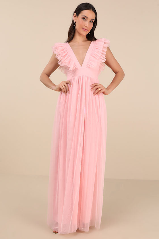 Simply Delighted Pink Mesh Ruffled Backless Maxi Dress
