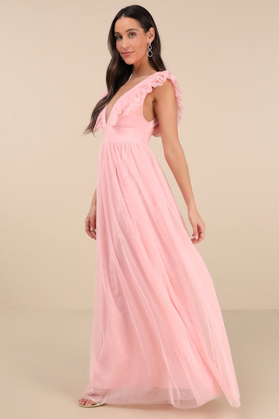 Simply Delighted Pink Mesh Ruffled Backless Maxi Dress