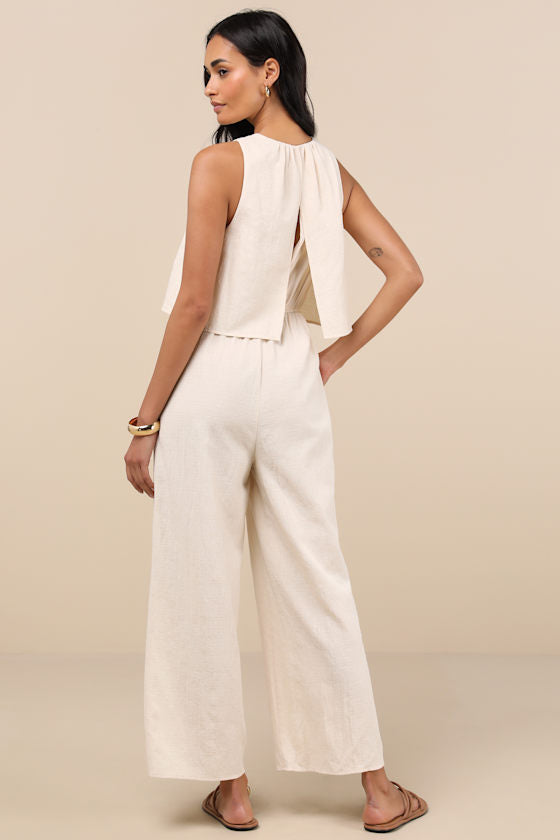 Breezy Sophistication Beige Textured Wide-Leg Jumpsuit