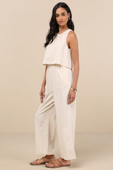 Breezy Sophistication Beige Textured Wide-Leg Jumpsuit