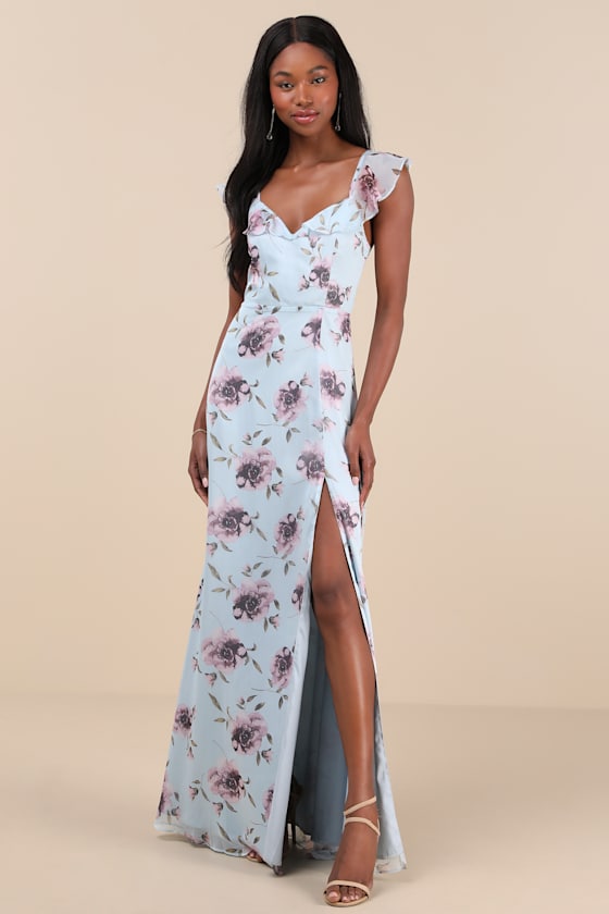 Sweetest Entrance Light Blue Floral Ruffled Tie-Back Maxi Dress