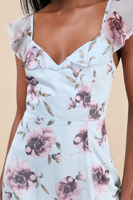 Sweetest Entrance Light Blue Floral Ruffled Tie-Back Maxi Dress
