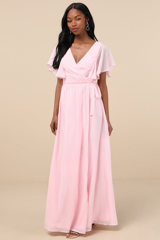 Convincing Grace Light Blush Flutter Sleeve Wrap Maxi Dress