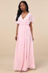 Convincing Grace Light Blush Flutter Sleeve Wrap Maxi Dress