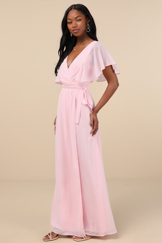 Convincing Grace Light Blush Flutter Sleeve Wrap Maxi Dress