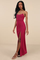 Sensational Beauty Dark Magenta Strapless Maxi Dress