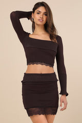 Peaker Brown Lace Bodycon Mini Skirt