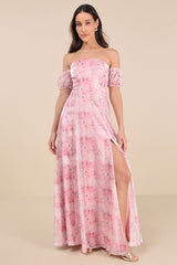 Idyllic Charisma Light Pink Floral Off-the-Shoulder Maxi Dress
