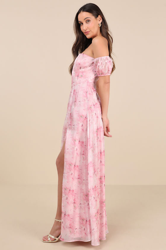 Idyllic Charisma Light Pink Floral Off-the-Shoulder Maxi Dress