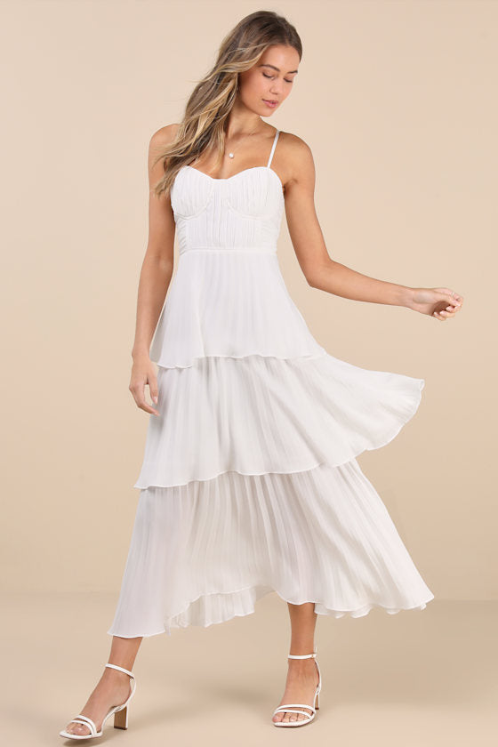 Cascading Crush White Tiered Bustier Midi Dress