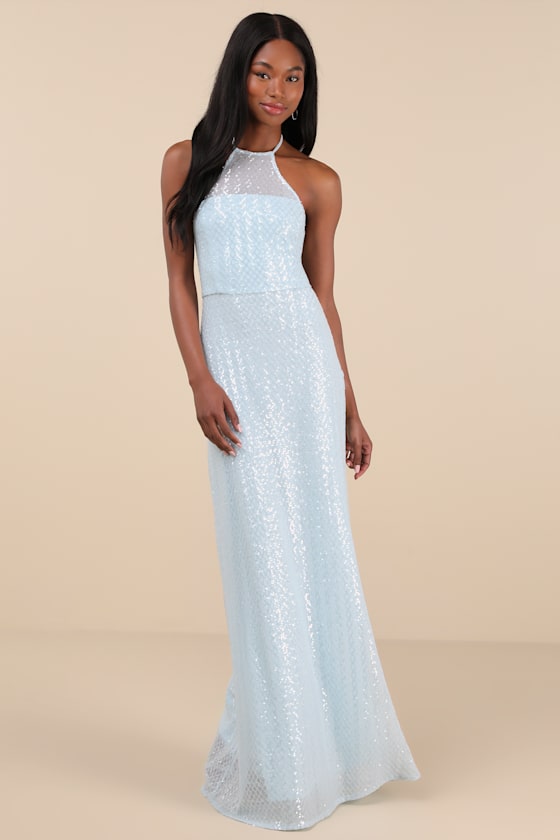 Kalina Light Blue Sequin Halter Maxi Dress