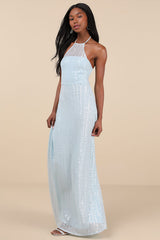 Kalina Light Blue Sequin Halter Maxi Dress