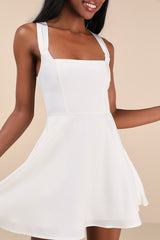 Admirably Chic White Satin Lace-Up Mini Dress With Pockets