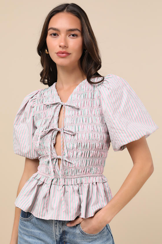 Nevaeh Pink Striped Tie-Front Puff Sleeve Peplum Top