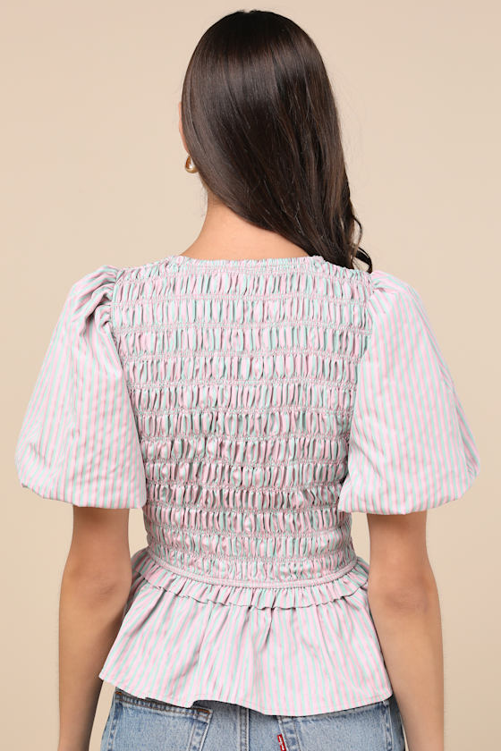 Nevaeh Pink Striped Tie-Front Puff Sleeve Peplum Top