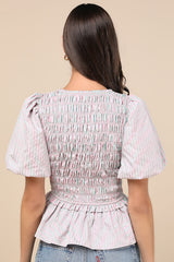 Nevaeh Pink Striped Tie-Front Puff Sleeve Peplum Top