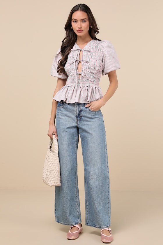 Nevaeh Pink Striped Tie-Front Puff Sleeve Peplum Top