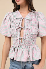 Nevaeh Pink Striped Tie-Front Puff Sleeve Peplum Top