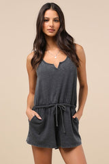 Perfect Lazy Day Charcoal Sleeveless Drawstring Lounge Romper