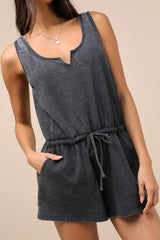 Perfect Lazy Day Charcoal Sleeveless Drawstring Lounge Romper