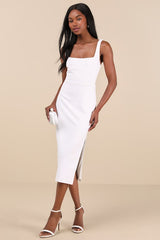 Vibrant Allure White Square Neck Sleeveless Bodycon Midi Dress