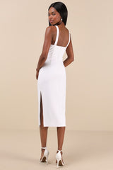 Vibrant Allure White Square Neck Sleeveless Bodycon Midi Dress