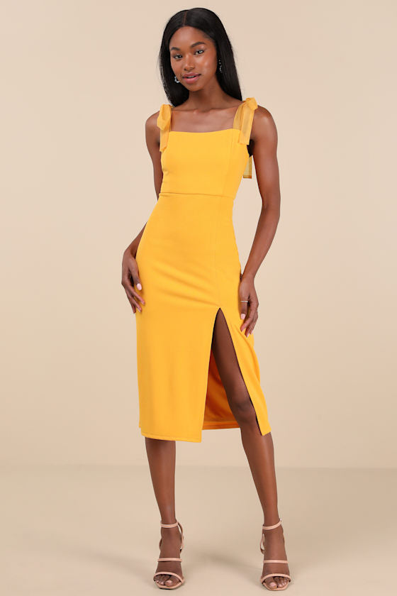 Romantic Celebration Yellow Tie-Strap Bodycon Midi Dress