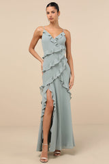 Fancy Sweetness Sage Green Ruffled Lace-Up Sleeveless Maxi Dress