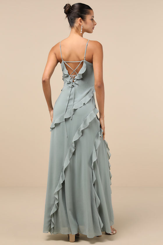 Fancy Sweetness Sage Green Ruffled Lace-Up Sleeveless Maxi Dress