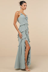 Fancy Sweetness Sage Green Ruffled Lace-Up Sleeveless Maxi Dress