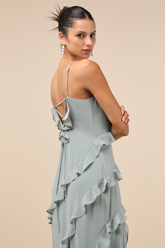 Fancy Sweetness Sage Green Ruffled Lace-Up Sleeveless Maxi Dress