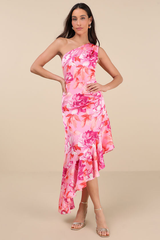 Divinely Blooming Pink Multi Floral One-Shoulder Midi Dress