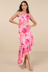 Divinely Blooming Pink Multi Floral One-Shoulder Midi Dress