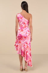 Divinely Blooming Pink Multi Floral One-Shoulder Midi Dress
