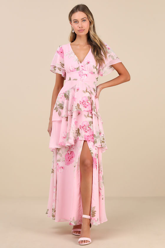 Midnight Mood Pink Floral Print Tiered Maxi Dress