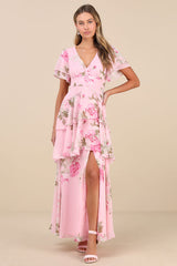 Midnight Mood Pink Floral Print Tiered Maxi Dress