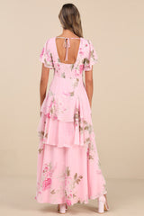 Midnight Mood Pink Floral Print Tiered Maxi Dress