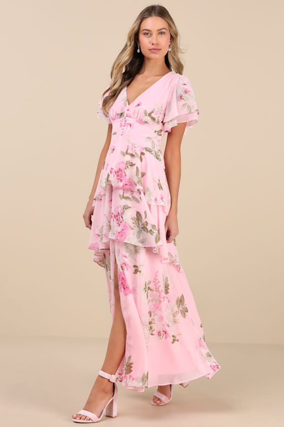 Midnight Mood Pink Floral Print Tiered Maxi Dress