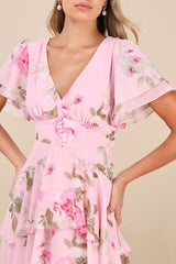 Midnight Mood Pink Floral Print Tiered Maxi Dress
