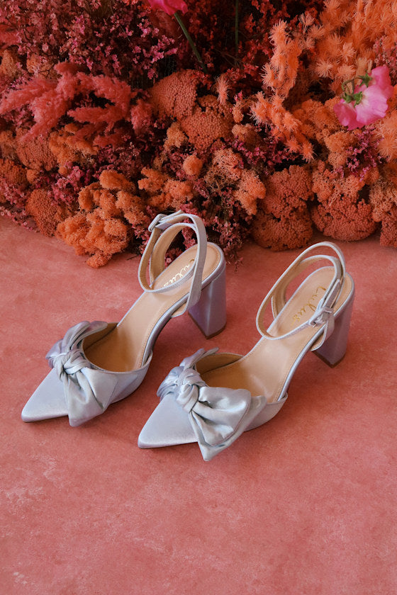 Suttonn Blue Satin Bow Ankle Strap Pointed-Toe Pumps