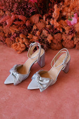 Suttonn Blue Satin Bow Ankle Strap Pointed-Toe Pumps