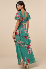 Midnight Mood Teal Green Floral Print Tiered Maxi Dress