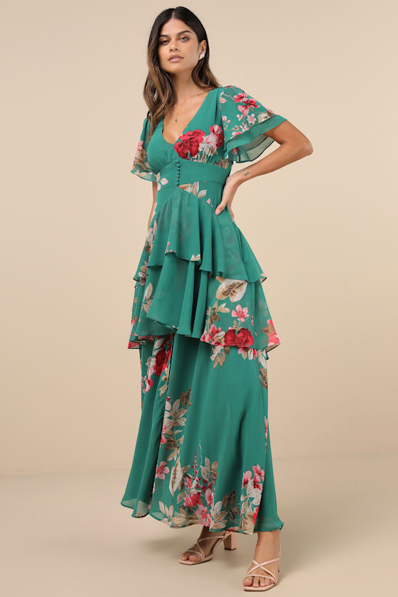 Midnight Mood Teal Green Floral Print Tiered Maxi Dress