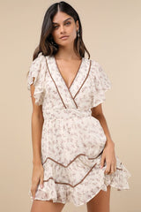 Adored Outing Ivory Floral Flutter Sleeve Surplice Mini Dress