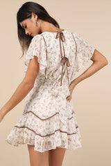 Adored Outing Ivory Floral Flutter Sleeve Surplice Mini Dress