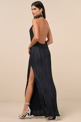 Gwenny Dark Navy Satin Plisse Maxi Dress