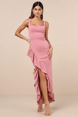 Immaculate Excellence Pink Sleeveless Ruffled Tulip Maxi Dress