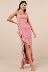 Immaculate Excellence Pink Sleeveless Ruffled Tulip Maxi Dress